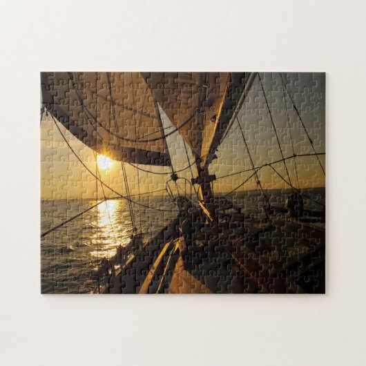 Zeilbootdek, richting ondergaande zon legpuzzel (Horizontaal)