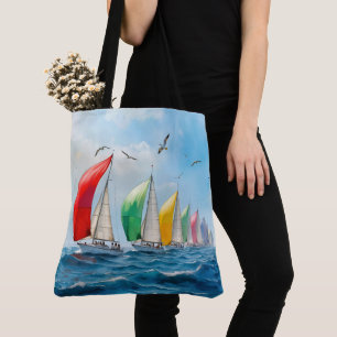 Zeilbootrace op volle zee tote bag