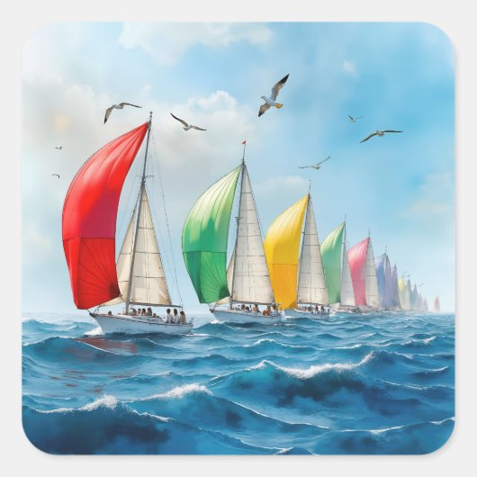 Zeilbootrace op volle zee vierkante sticker (Voorkant)