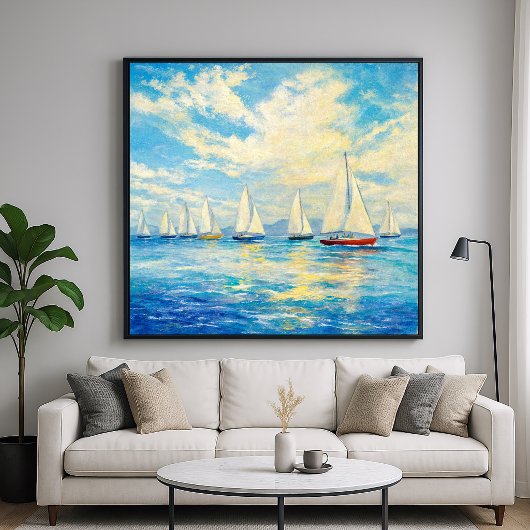 Zeilbootvloot - Zeeschildering in pastelkleurige s Poster