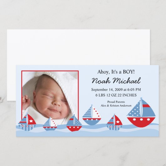 Zeilboten Baby Boy Geboorteaankondiging Aankondiging (Voorkant / Achterkant)