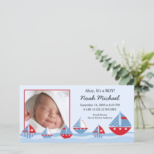 Zeilboten Baby Boy Geboorteaankondiging Aankondiging (Staand voorkant)