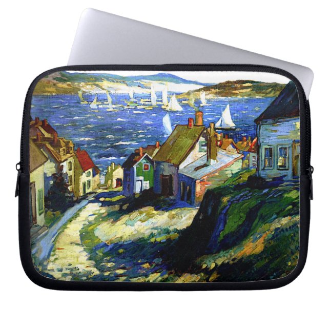 Zeilboten bij de haven, schilderij van fijne kunst laptop sleeve (Voorkant)