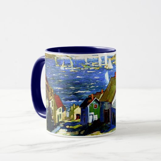 Zeilboten bij de haven, schilderij van fijne kunst mok (Voorkant links)