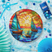 Zeilboten bij zonsondergang papieren bordje (Feest)