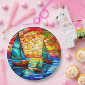 Zeilboten bij zonsondergang papieren bordje (Feest)