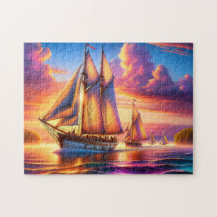 Zeilboten bij zonsopgang op zee Nautical Regatta Legpuzzel