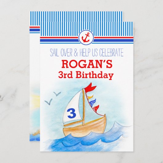 Zeilboten derde 3e verjaardag uitnodiging (Voorkant / Achterkant)