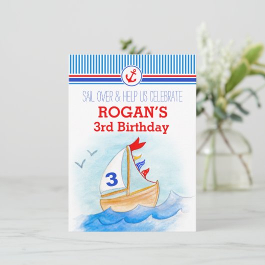 Zeilboten derde 3e verjaardag uitnodiging (Staand voorkant)