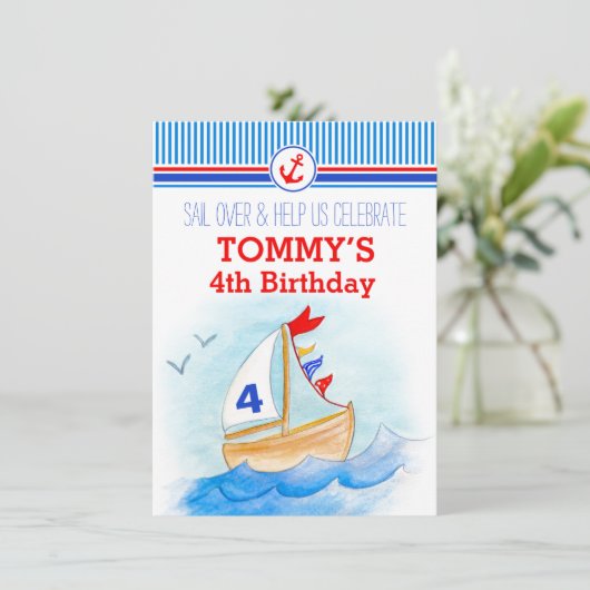 Zeilboten derde vierde verjaardag uitnodiging (Staand voorkant)