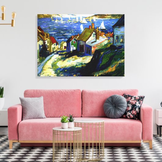 Zeilboten door de haven, mooi kunstschilderij canvas afdruk (Insitu (Woonkamer))