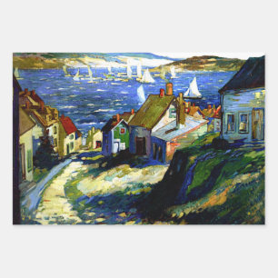 Zeilboten door de haven, mooi kunstschilderij inpakpapier vel