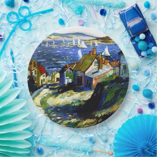 Zeilboten door de haven, mooi kunstschilderij papieren bordje (Feest)