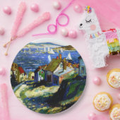 Zeilboten door de haven, mooi kunstschilderij papieren bordje (Feest)