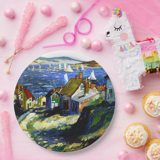 Zeilboten door de haven, mooi kunstschilderij papieren bordje (Feest)