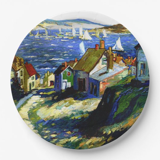 Zeilboten door de haven, mooi kunstschilderij papieren bordje (Voorkant)