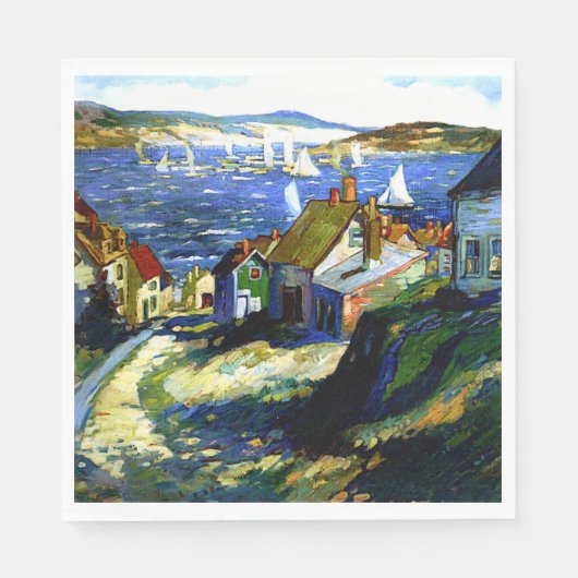 Zeilboten door de haven, mooi kunstschilderij servet (Voorkant)