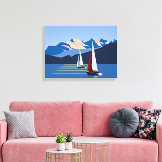 Zeilboten en bergen canvas afdruk (Insitu (Woonkamer))