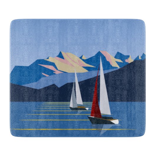 Zeilboten en bergen foto snijplank (Voorkant)