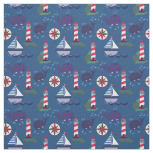 Zeilboten en walvissen   Whimsical Nautical Stof