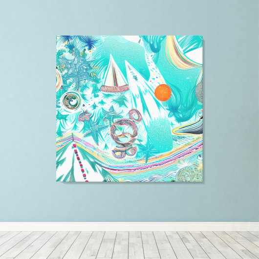 Zeilboten en Zee Creatures Abstracte Beachy Art Canvas Afdruk (Insitu (Houten vloer))