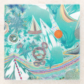 Zeilboten en Zee Creatures Abstracte Beachy Art Glazen Onderzetter (Voorkant)