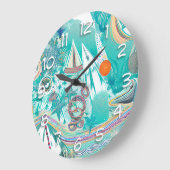 Zeilboten en Zee Creatures Abstracte Beachy Art Grote Klok (Hoek)