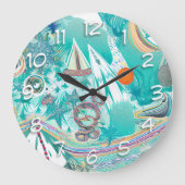 Zeilboten en Zee Creatures Abstracte Beachy Art Grote Klok (Voorkant)