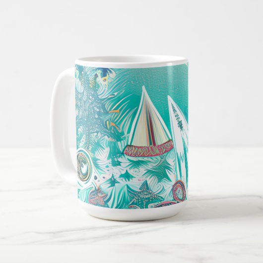 Zeilboten en Zee Creatures Abstracte Beachy Art Koffiemok (Voorkant links)