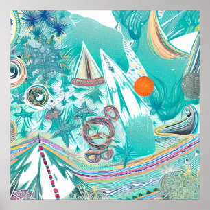 Zeilboten en Zee Creatures Abstracte Beachy Art Poster