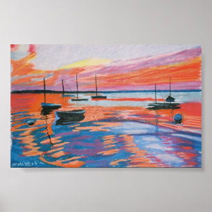 zeilboten en zonsondergang poster