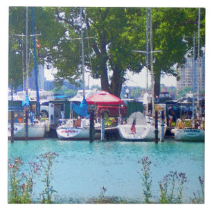 Zeilboten in de haven tegeltje