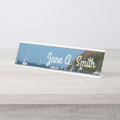 Zeilboten in de witte en blauwe zee bureau naambordje (Voorkant)