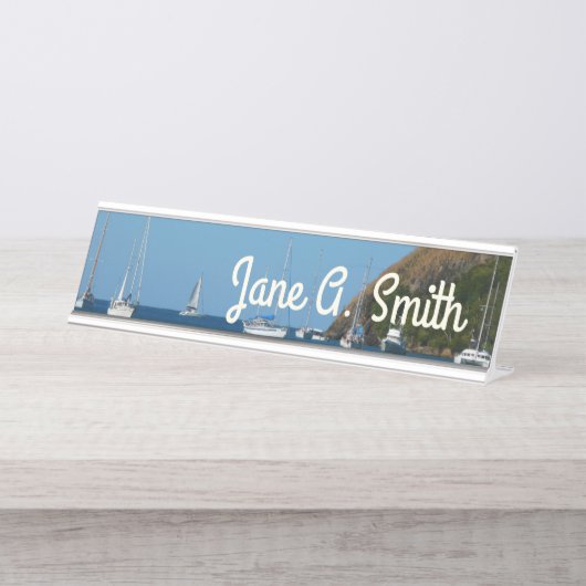 Zeilboten in de witte en blauwe zee bureau naambordje (Voorkant)