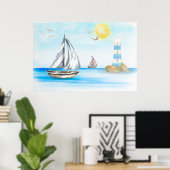 Zeilboten in een Blauwe Oceaan Poster (Thuiskantoor)