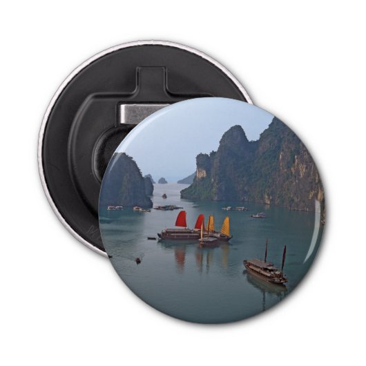 Zeilboten in Ha Long Bay - Vietnam, Azië Button Flesopener (Voorkant)