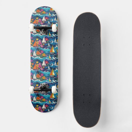 Zeilboten in Ocean Waves Tropical Floral Persoonlijk Skateboard (Voorkant)