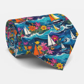 Zeilboten in Ocean Waves Tropical Floral Stropdas (Opgerold)