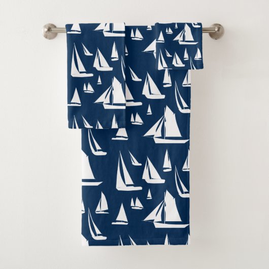 Zeilboten Nautical Navy Blue Bad Handdoek (Insitu)