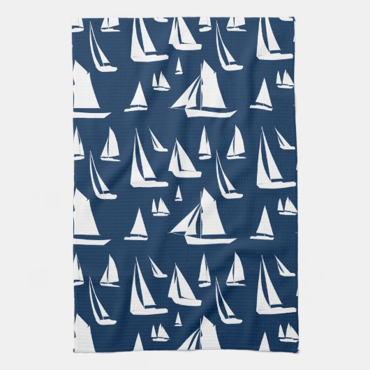 Zeilboten Nautical Navy Blue Theedoek (Verticaal)