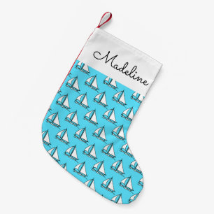 Zeilboten op blauw Zee   Jouw namen toevoegen Kleine Kerstsok