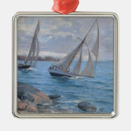 Zeilboten op de rivier metalen ornament