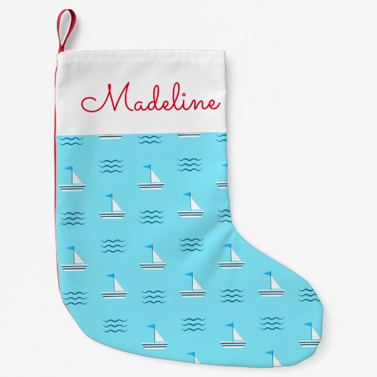 Zeilboten op het blauw Zee | Jouw namen toevoegen Kleine Kerstsok (Voorkant)