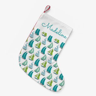 Zeilboten op het waterpatroon Jouw namen toevoeg Kleine Kerstsok