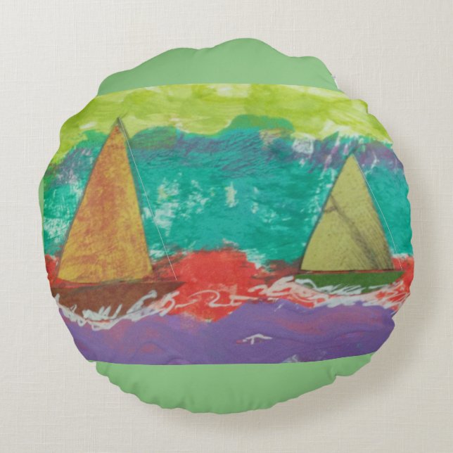 Zeilboten op Paarse Water Ronde Kussen (Achterkant)