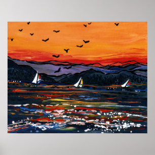 Zeilboten op zonsondergang poster