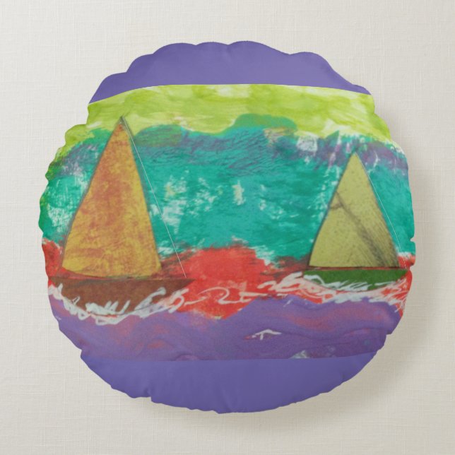 Zeilboten Paarse Water Rond Kussen (Voorkant)