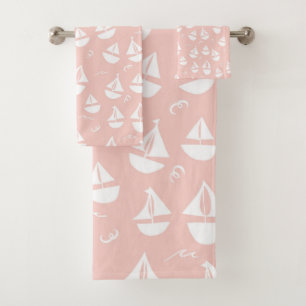 Zeilboten Patroon Roze Wit Bad Handdoek