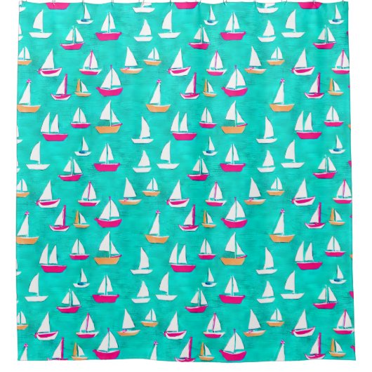 Zeilboten Patroonroze en Aqua Douchegordijn (Voorkant)