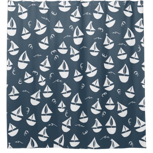 Zeilboten Pattern Navy Blue White Douchegordijn (Voorkant)